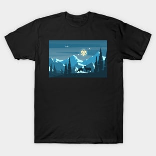 Night Mountain Hike Polyhedral D20 Dice Moon with Deers RPG Landscape T-Shirt